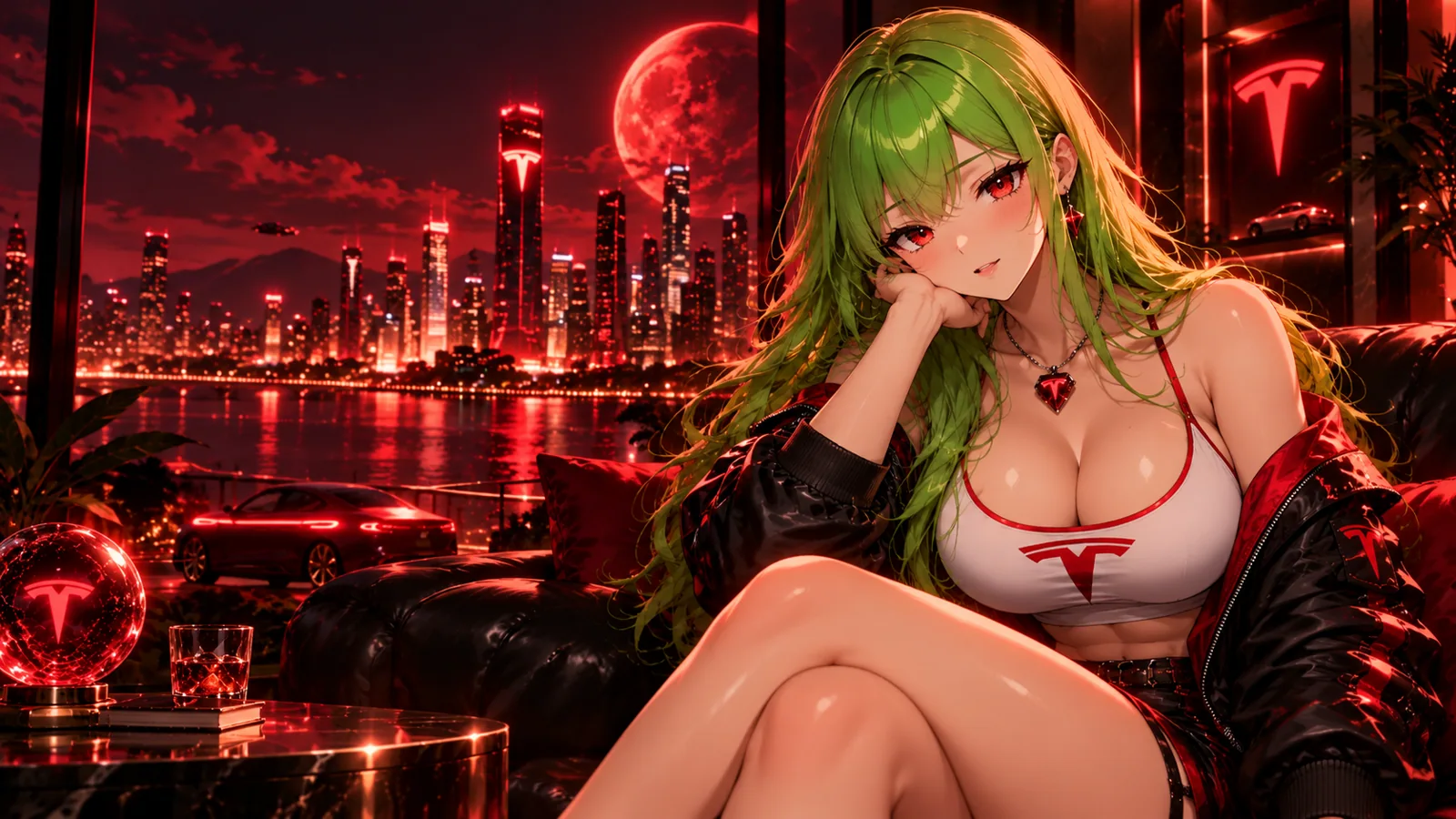 Sister in a red-lit city penthouse